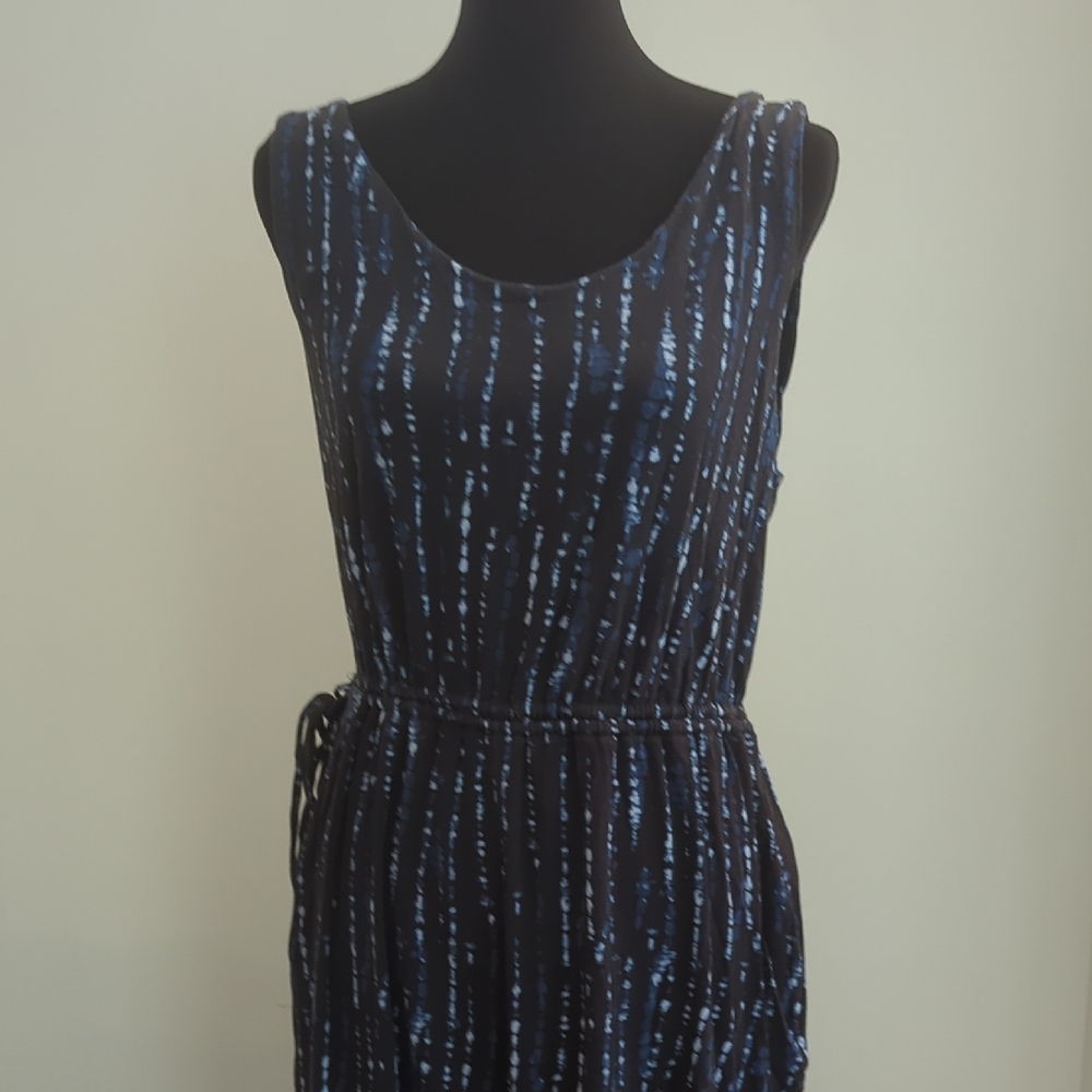 Tahari Navy Patterned Sleeveless Jumpsuit